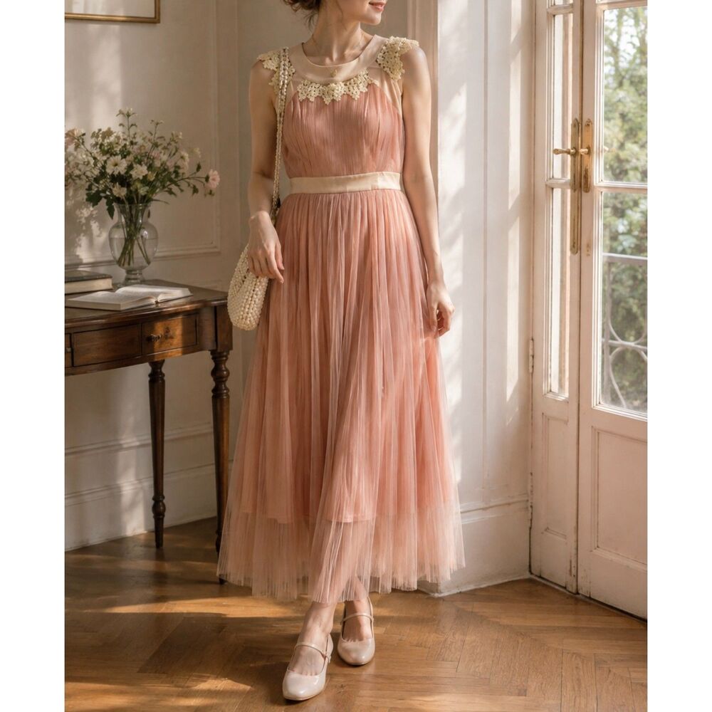 Blush Pink Pleated Tulle Sleeveless Fairycore Maxi Dress Size Small